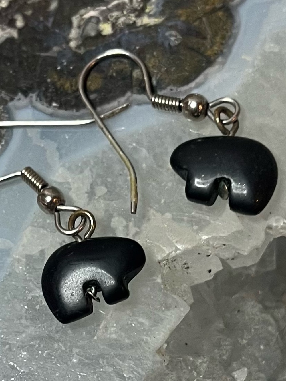 Black Bear-Shaped Drop Earrings - Womens Black Stone Dangle